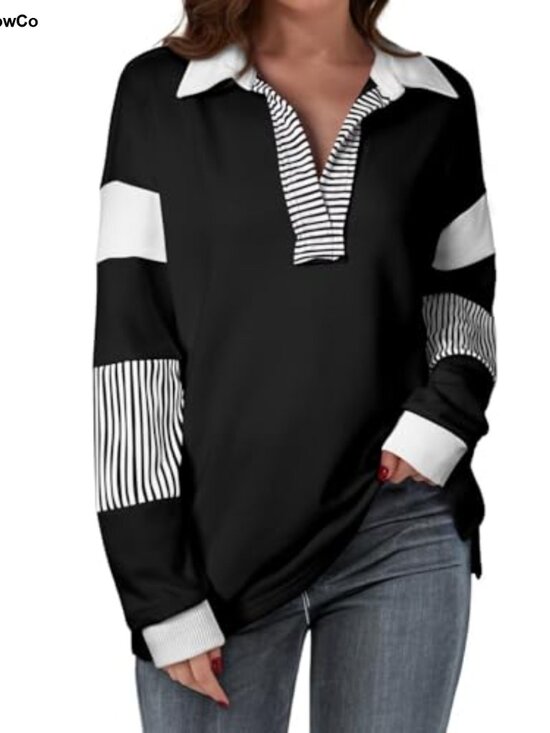 Tops - Oversized Color Block Long Sleeve V-Neck Pullover Sweatshirt Women Casual